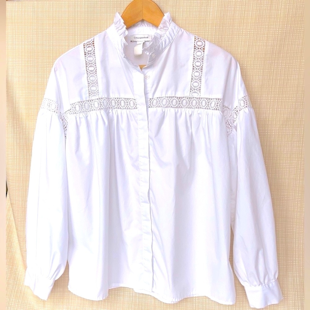 Anthropologie Calligraphie Boho Blouse Crochet Lace Victorian Inspired High Neck